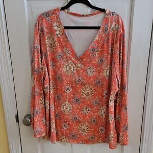SHEIN Coral Floral Long Sleeve V-Neck Top